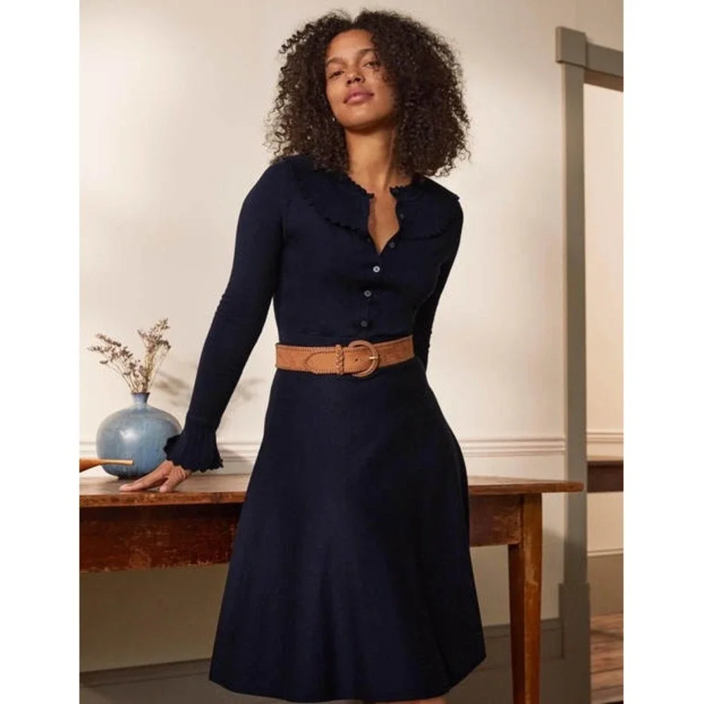 Boden Abercorn Navy Blue Collar Knit Sweater Dress Ruffle Cuffs NWT Wool Blend12 - Picture 1 of 13
